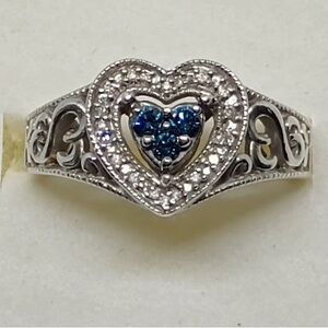 Kay Jewelers Silver and Blue Heart Ring with Filigree Design